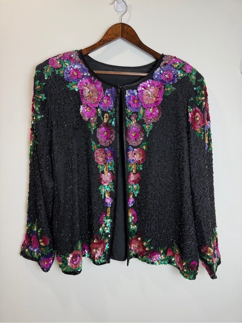 Vintage Floral Sequin Beaded Hook & Eye Jacket Black Evening Party 3X